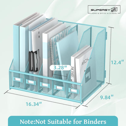 SUPEASY Desk Organizers Metal Desk Magazine File Holder with 5 Vertical Compartments Rack File Organizer for Office Desktop, Home Workspace, Blue