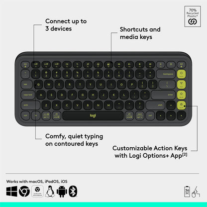 Logitech POP ICON Keys Wireless Bluetooth Keyboard, Comfortable Typing, Programmable Keys, Easy-Switch Between up to 3 Devices, for Laptop, Tablet, PC – Graphite and Green
