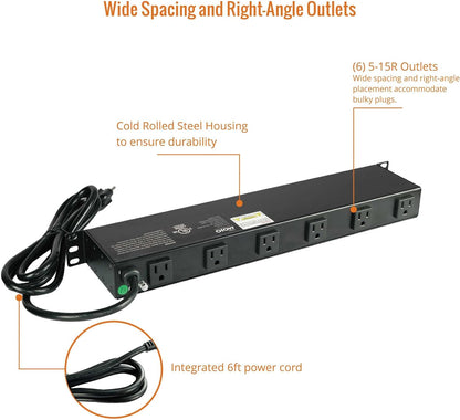 Tecmojo 1U Rackmount Network-Grade PDU Power Strip, 12 Wide-Spaced Right Angle Outlets, Circuit Breaker 12A (UL Certified 12A) 6ft Cord w/ 5-15P Plug, Black