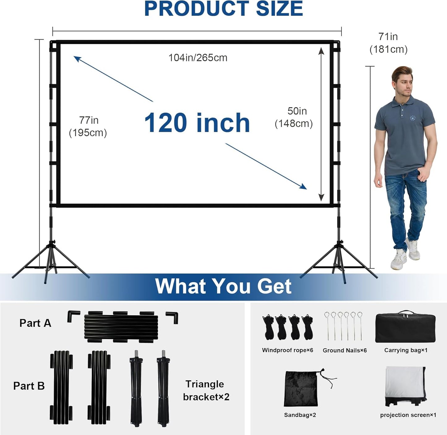 Projector Screen and Stand,120 inch lejiada Black Projection Screen with Stand Portable Foldable Movie Screen with Carry Bag for Indoor Outdoor Home Theater Backyard Cinema