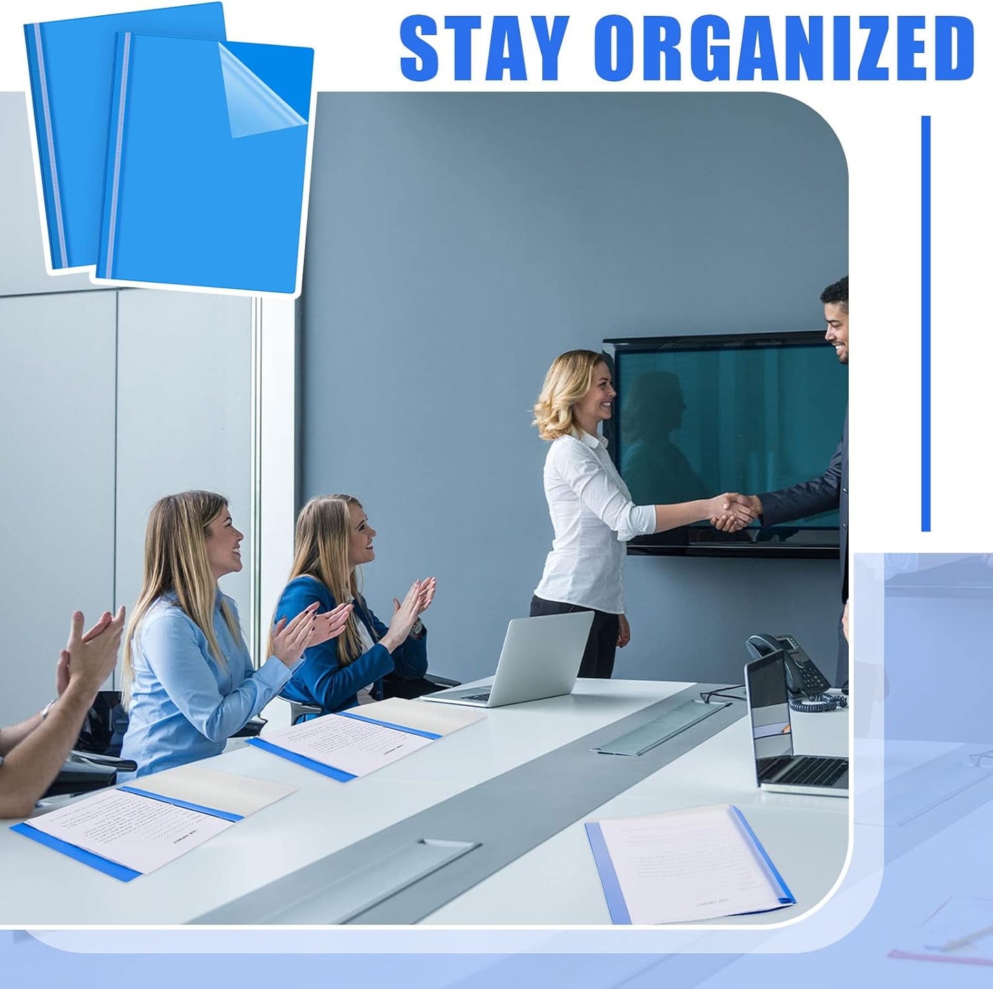 Teling 100 Pcs Plastic Report Covers with 3 Prong Fasteners 11.42 x 9.45 Inch Clear Front Report Covers Bulk Presentation Folders for School Document(Blue)