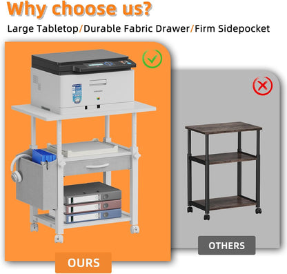 Large 22"x15" Printer Stand, 3-Tier Height Adjustable with Storage Drawer & Side Bag, Rolling Cart for Heat Press/Laser/3D Printer (White)