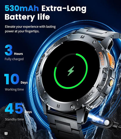 LIGE Military Smart Watch for Men (Answer/Make Calls),1.43’’ AMOLED Smartwatch with Flashlight/530mAh/Pedometer/100+ Sports,5ATM Waterproof Fitness Tracker for Android iOS,2 Straps