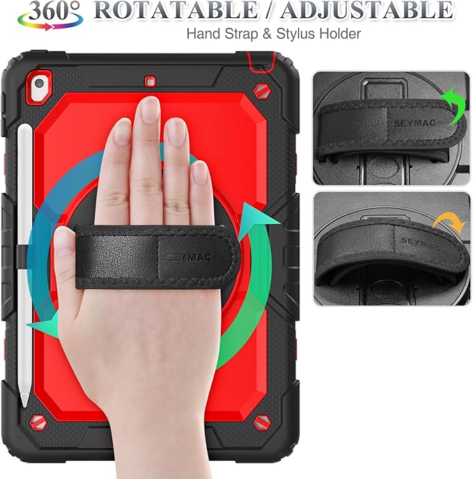 SEYMAC stock Case for iPad 9th/ 8th/ 7th Generation 10.2'', Shockproof with Screen Protector, Pencil Holder [360° Rotating Hand Strap] & Stand, for iPad 10.2 inch 2021-2019 (Red+SiliconeBlack)