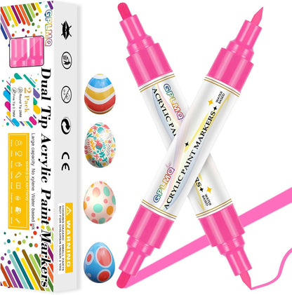 Paint Markers Paint Pens - 2 Pack Dual Tip Acrylic Permanent Marker (0.7mm & 3mm), Non-Toxic, Water-Based for Art Painting, Stone, Ceramic, Glass, Wood, Fabric, Metal, DIY Crafts (Pink)