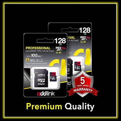 addlink 128GB 2-Pack Micro SD Card, 4K Video Pro, Compatible with GoPro, Security Camera, Dash cam, Drone 100MB/s MicroSDXC Memory Card UHS-1 U3 V30 A1 with 2 SD Adapter (ad128GBMSXU3AX2)
