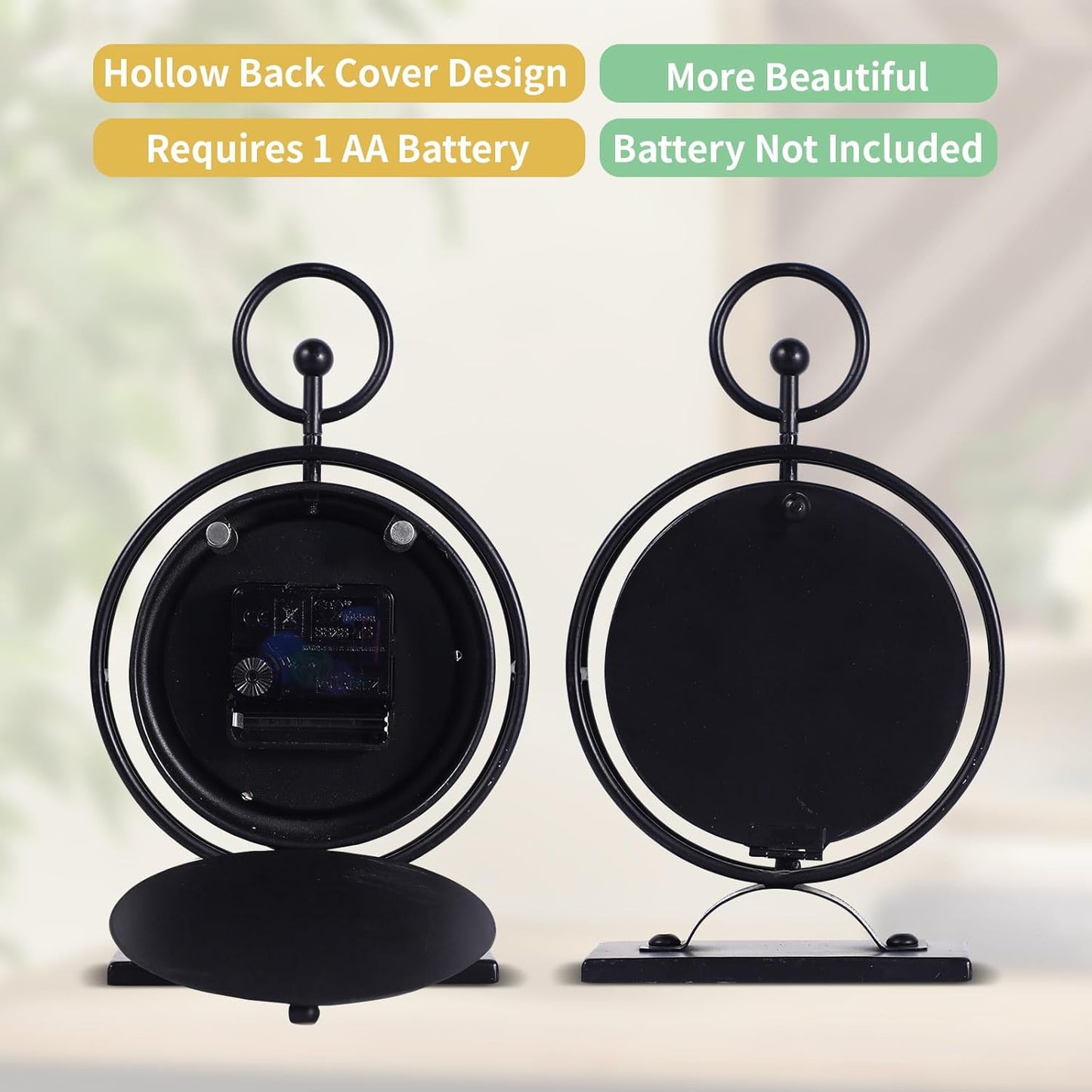 Small Vintage Metal Desk Clock, Decorative Table Clock for Living Room, Silent Mantel Clocks Farmhouse Shelf Decor Battery Operated, 9.5" Black