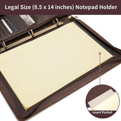 Vegan Leather 3 Ring Binder Portfolio, 8.5 x 14 Legal Size Pad Holder, Hidden Handle, Zippered Padfolio with 15” Laptop Organizer, Professional Business Folio for Men Women, Black