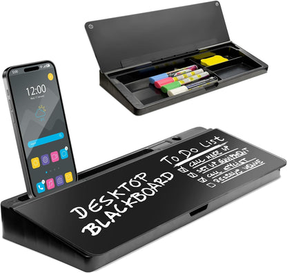 Desktop Dry Erase Board - Glass Erase Board - Black Desk Computer Buddy – Home Office & Studying Essentials - Phone & Tablet Slot, Storage Compartment - Includes 4 Markers, 1 Eraser.