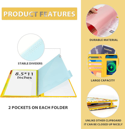 Clipboard with Storage for Men Women, Leather Padfolio Portfolio Organizer 5 Folders with 10 Pockets, Spiral Clipboard Folio with Notepad for Letter Size, Elastic Closure and Pen Loop Floral