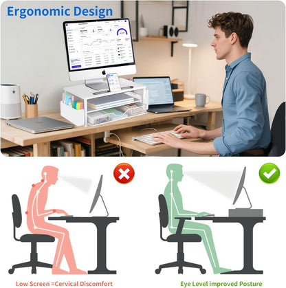 AUPSEN White Monitor Stand Riser, 2-Tier Wood Computer Desk Organizer with Drawer, Pen Storage & Phone Holder ，Office Desk Accessories Desktop Organizer for Office Supplies