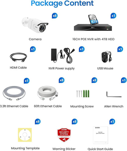 ZOSI 16CH 4K PoE Security Camera System,8pcs 8MP Outdoors Cameras,One-Way Audio,People Counting,Person/Vehicle Detection,Night Vision,16 Port 32CH NVR with 4TB HDD for Home Business 24/7 Recording
