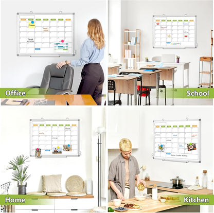 Dry Erase Calendar Whiteboard for Wall, 24" x 18" Magnetic Monthly White Board Calendar, Hanging Double-Sided White Board for Planning, Memo, School, Home, Office