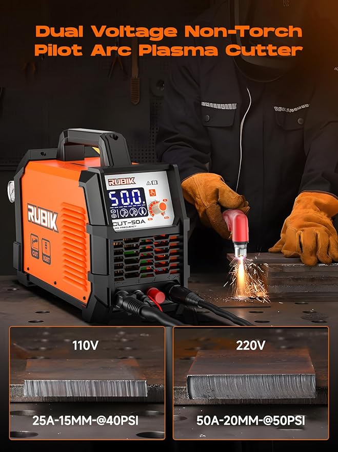 Plasma Cutte 50 Amp, Plasma Cutter Machine 110/220V Dual Voltage 3/4" Max Cutting, 1/2'' Clean Cut, Non-High Frequency Non-Touch Pilot Arc, Large LCD Digital Dispaly, 2T/4T Plasma Cutting Machine