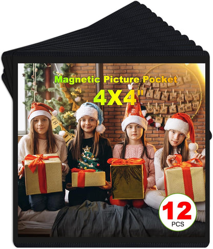 Black Magnetic Picture Frame 4X4 for Refrigerator,12 pack,Square Photo Magnets Sleeves