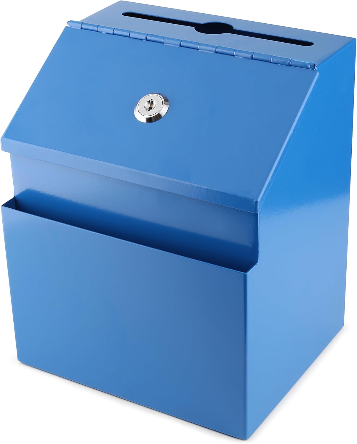 Suggestion Box with Lock and keys, Metal Wall Mounted Ballot Box, Iron steel Donation and Collection Drop Box 8.5" H x 6" W x 7" L with wide 5.5" Slot and front sheet holder (Blue)