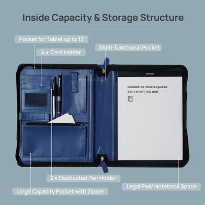 POPRUN Portfolio Binder with Zipper, Leather Padfolio Document Organizer with Storage, Professional Business Briefcase Ideal for Meeting Presentation Work-Includes 50 Sheet Writing Pad, Blue