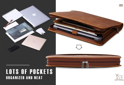 Genuine Leather Business Portfolio Padfolio Folder with Zipper for Men, Men's Leather Padfolio Folder for 13" Laptop, Business Portfolio with Letter Size Notepad, Graduation Gift，Brown