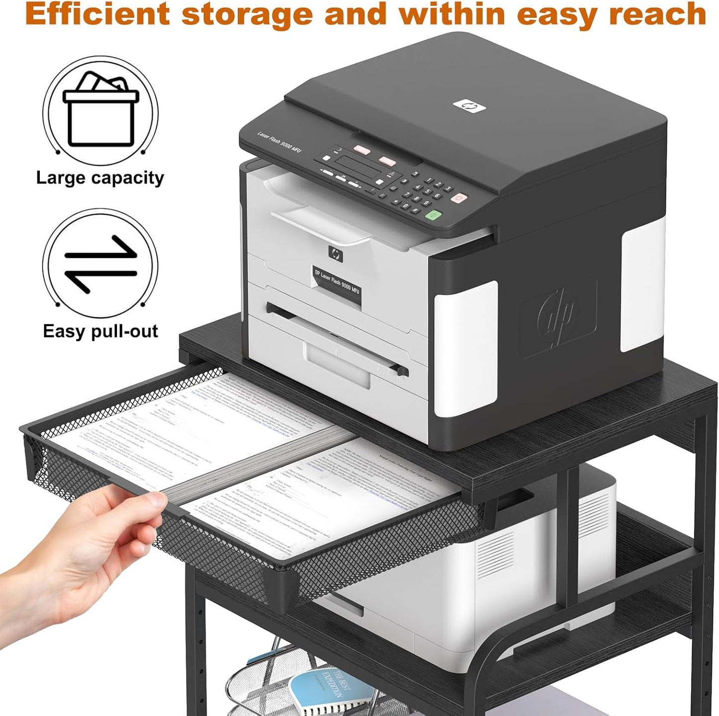 EasyCom 23.6''x18.9'' Extra Large Printer Stand with Drawer, 5-Adjustable Heights 3 Tier Table with Wheels, Rolling Printer Cart with Storage for Printer Scanner Fax Home Office Use