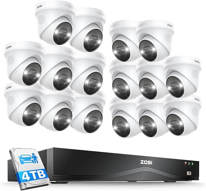 ZOSI 32 Channel 4K PoE Security Camera System,16x 8MP Outdoor Indoor Cameras,2 Way Audio,Color Night Vision,AI Person/Vehicle Detection,32CH 16 Port Commercial NVR 4TB HDD Surveillance for Business