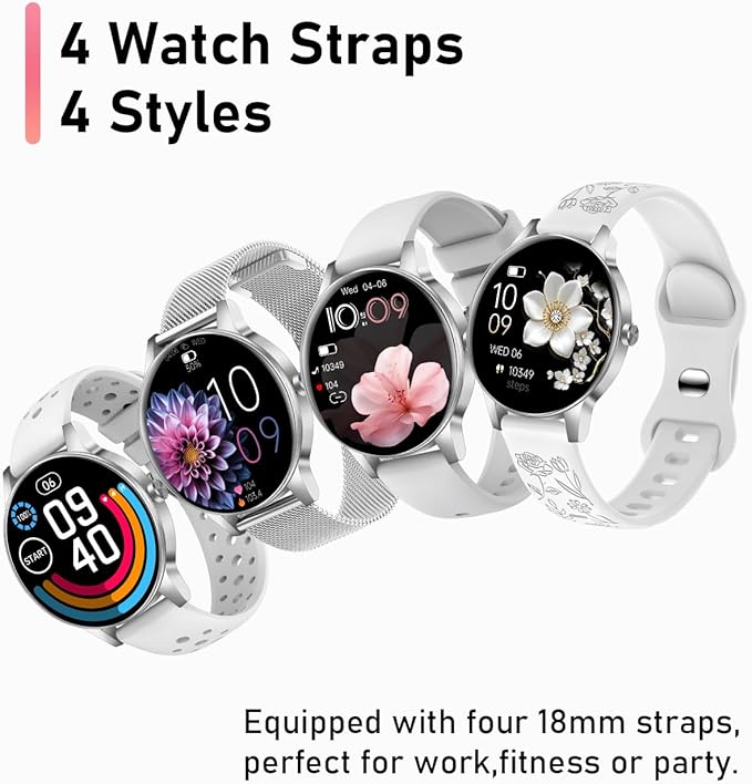 Smart Watch for Women, Answer/Make Call,1.27'' Touchscreen, 120+ Sports Modes Fitness Tracker, 24H Heart Rate/SpO2/Sleep/Menstrual Cycle/IP68 Fitness Watch for Android iOS, 4 Straps (Silver)