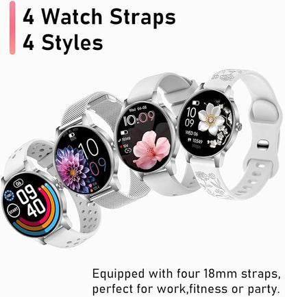 Smart Watch for Women, Answer/Make Call,1.27'' Touchscreen, 120+ Sports Modes Fitness Tracker, 24H Heart Rate/SpO2/Sleep/Menstrual Cycle/IP68 Fitness Watch for Android iOS, 4 Straps (Silver)