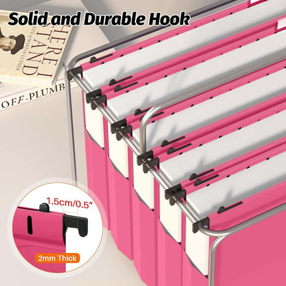 Extra Capacity Plastic Hanging File Folders,12 Pack Reinforced Expanding Hang Folder Letter Size,Accordian Pocket,Heavy Duty 2 Inch Expansion, Hard Hanging Folder Organizer for Office Home,Pink