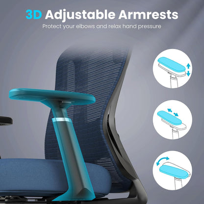 Farini Office Chair Ergonomic Desk Chair, High Back Computer Chair with Wheels, Home Sutdy Chair for Heavy People, Office Chair Adjustable Seat Depth, 3D Armrests and Adjustable Headrest, Blue