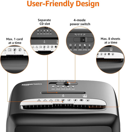 Amazon Basics Micro Cut Paper Shredder, CD, and Credit Card Shredder, 8 Sheet (New Model), Black
