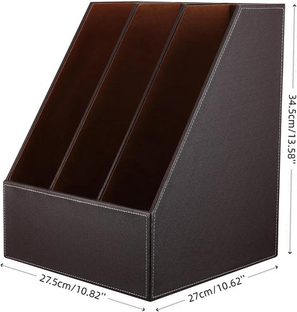 KINGFOM Desktop Wooden Leatherette Magazine File Holder-Organizer-3 Compartment Stand Rack-Papers Storage Box (brown)
