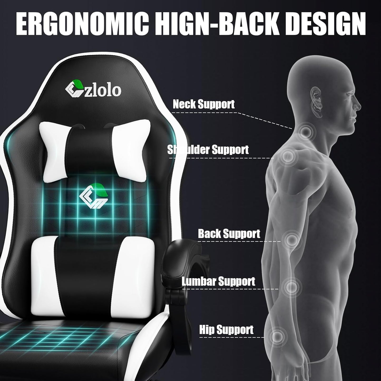 Gaming Chair, Ergonomic Office Computer Chair with Footrest and Lumbar Support Massager Racing Style High Back Video Gamer Chair, Wide＆Thick Cushion, 90°-135° Recline, Adjustable Height, White