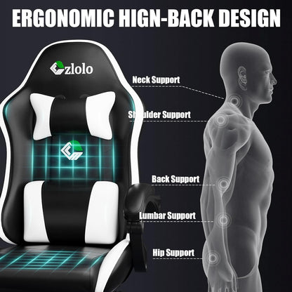 Gaming Chair, Ergonomic Office Computer Chair with Footrest and Lumbar Support Massager Racing Style High Back Video Gamer Chair, Wide＆Thick Cushion, 90°-135° Recline, Adjustable Height, White