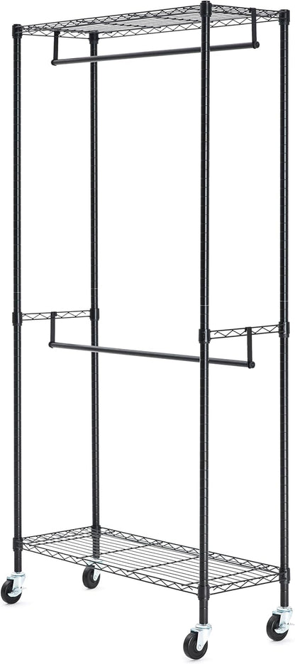 Amazon Basics Adjustable, Double Hanging Rod Garment Rolling Closet Organizer Rack with Wheels, Heavy Duty, Black, 36'' x 14'' x 72'', WI-GAR1436B