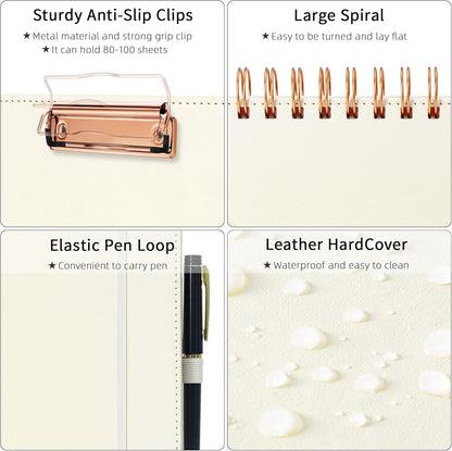 Ospelelf Leather Clipboard Folio with with Storage Zipper Pouch, Spiral Clipboard Folder with Notepad for Letter Size, 5 Folders with 10 Pockets, 39 Divider Label Stickers (Beige)