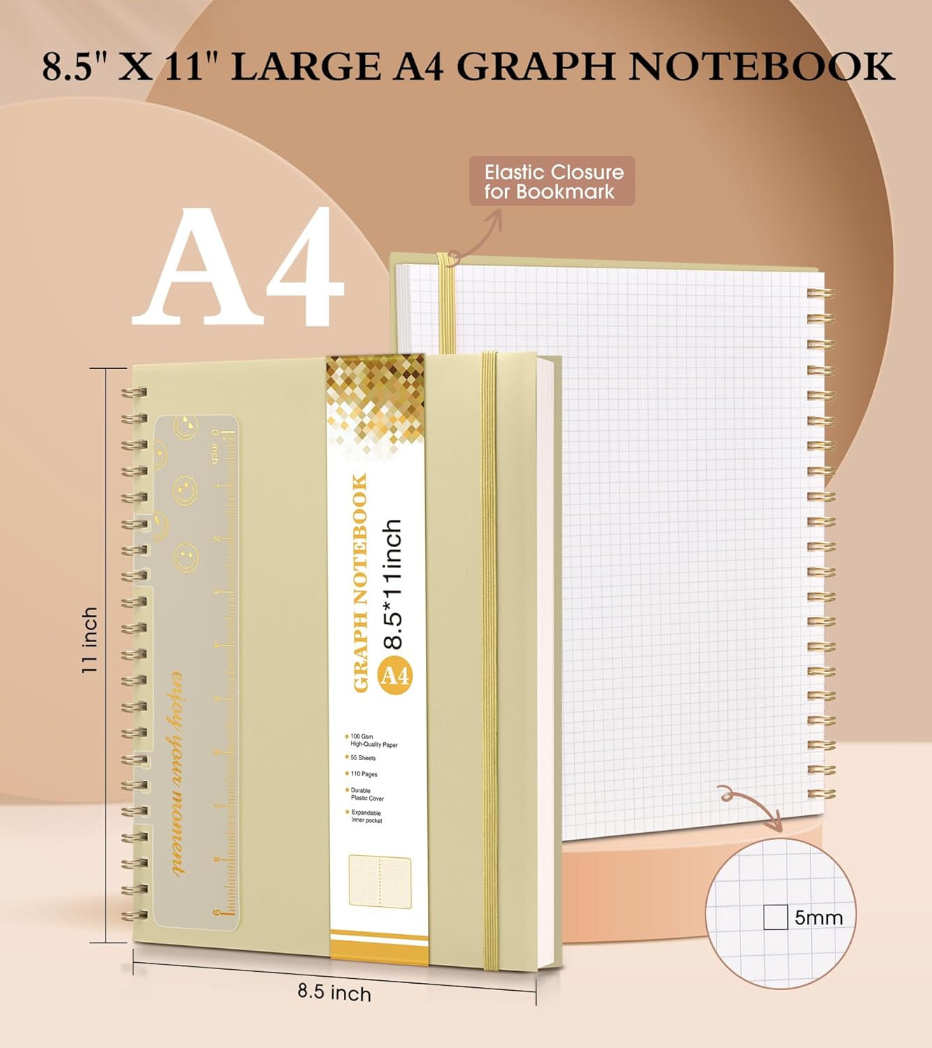 Graph Paper Notebook, Spiral Notebook Journal 8.5” x 11”, A4 Large Grid Notebooks for Women Men, 100 GSM Graph Paper, Plastic Hardcover Spiral Graphing Journals for Work School Engineerin, Yellow