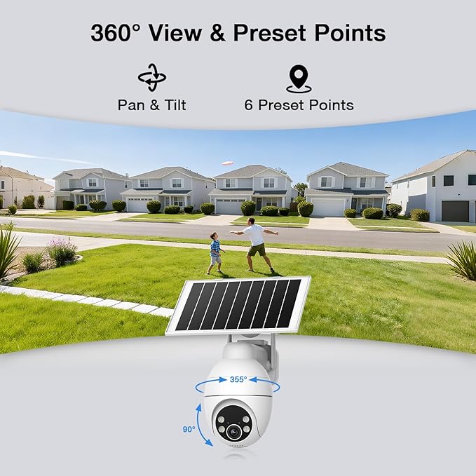 Solar Camera Outdoor Wireless, 2K Color Night Vision, Always-on-Video Security Camera Wireless Outdoor, Smart 24/7 Recording, Auto-Tracking, 2.4GHz Wi-Fi, IP65, Alexa