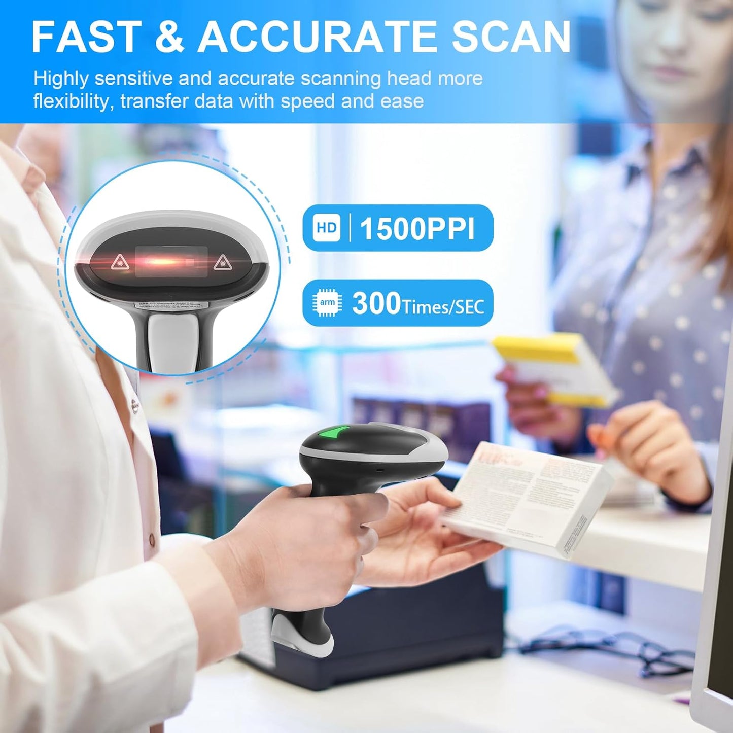 Barcode Scanner Bluetooth, Wireless Barcode Reader with Stand 3 in 1 Bluetooth & 2.4G Wireless & USB Wired Connection Handheld 1D&2D&PDF417 QR Code Scanner Data Matrix Bar Code Scanners