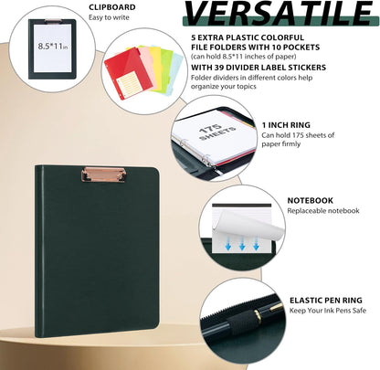 Leather Clipboard with Storage, Zippered Padfolio Portfolio Organizer, 3 Ring Binder 1 Inch, Notepad, Tablet Sleeve, 5 Dividers with Pocket, Stickets for Office, Nurses, Students, Teachers Green