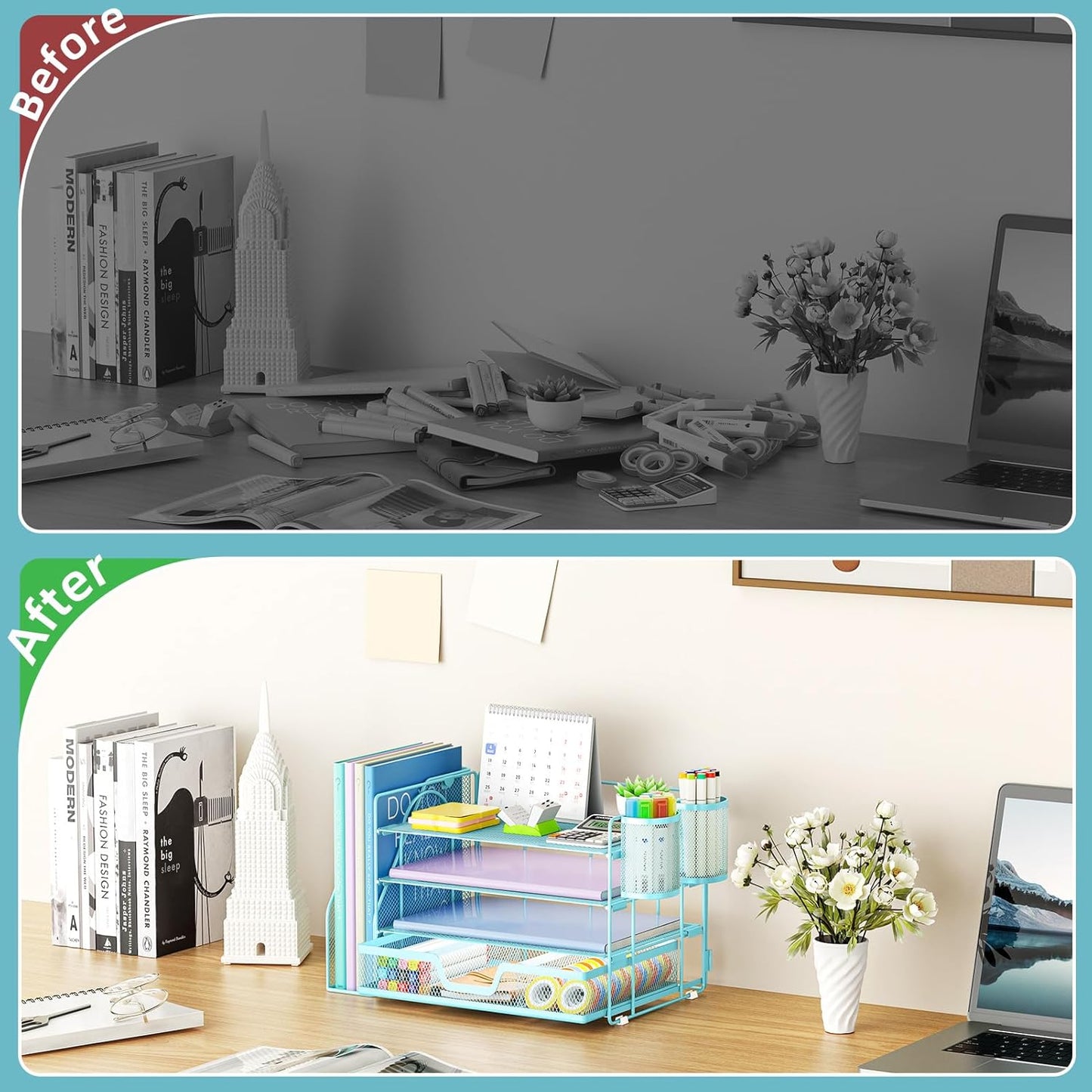 Marbrasse Desk Organizer and Accessories，4-Tier Paper Letter Tray Organizer with File Holder, Desk Accessories & Workspace Organizers with Drawer and 2 Pen Holder (Blue, 15.4" x 9.1" x 8.3")