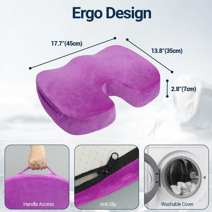 Gel Seat Cushion for Car Office - Memory Foam Pain Relief Chair Pillow Cushions - Tailbone Sciatica Coccyx Butt Lumbar Support Pad for Sitting Driving Traveling, Velvet, Purple