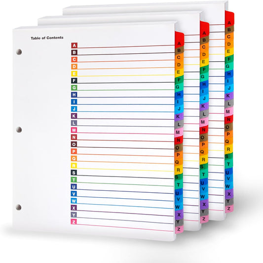 Alphabet Binder Dividers – 3 Sets of 26 A–Z Index Tabs for 3-Ring Binders, 8.5 x 11 in – Customizable Table of Contents, 3-Hole Punched – for School, Filing, Office Organization - 3 Pack