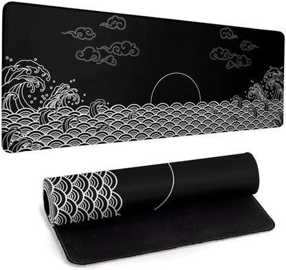 Japanese Sea Wave Gaming Mouse Pad Black Large Anime Mousepad Extended Mouse Mat 31.5''x11.8'' 3mm Thick Non-Slip Rubber Base Big Desk Pad for Office
