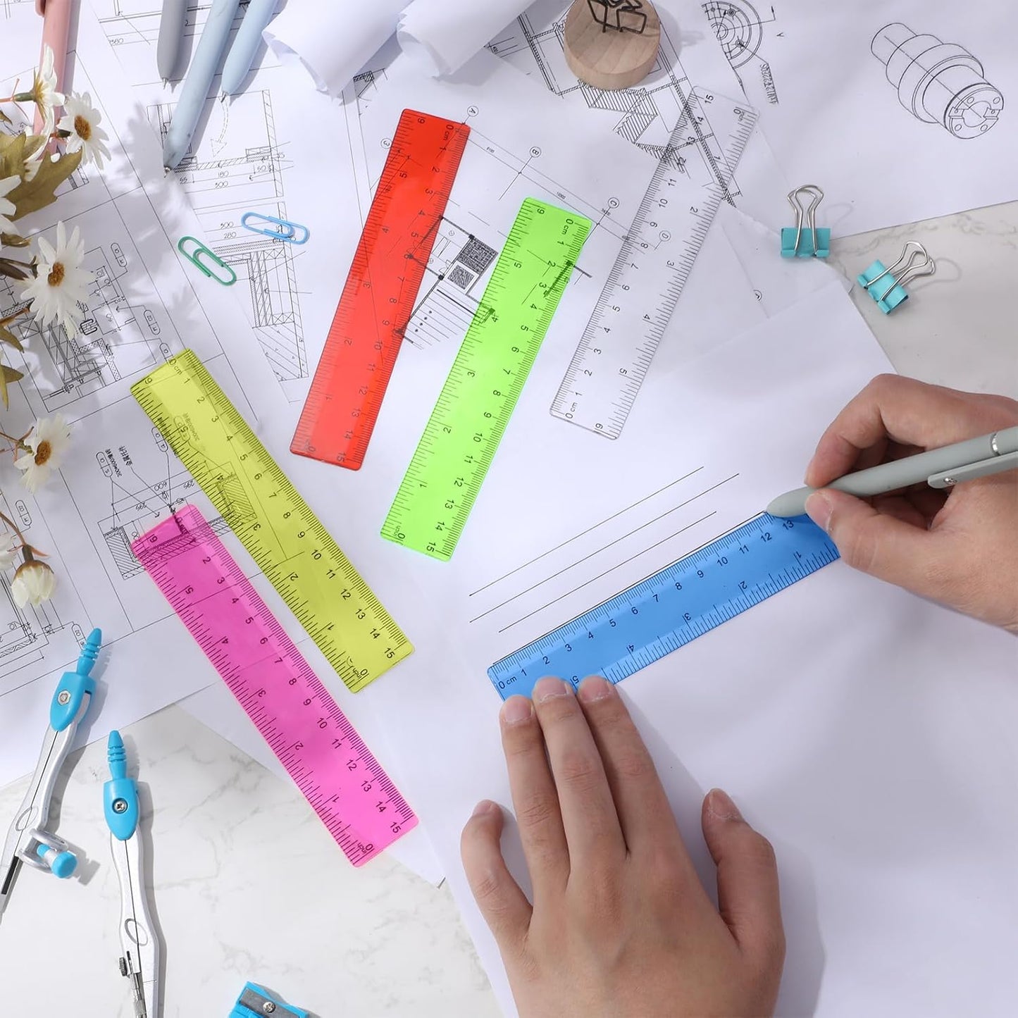 Zonon 6 Pcs 6 Inch Ruler Bulk Colorful Plastic Flexible Straight Metric Rulers with Centimeters and Inches Drafting Measuring Tool for Classroom School Students Education