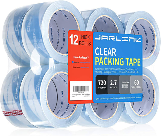 JARLINK Clearer Packing Tape 12 Rolls, Heavy Duty Packaging Tape for Shipping Packaging Moving Sealing, 2.7mil Thick, 1.88 inches Wide, 60 Yards Per Roll, 720 Total Yards