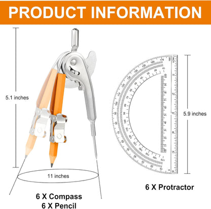 12 Pack Geometry Tool Set, Math Compass for Geometry and 6 Inch Protractor Set Include Metal Compass with Pencil and Clear Plastic Protractor for Student Classroom Office Woodworking Art Drawing