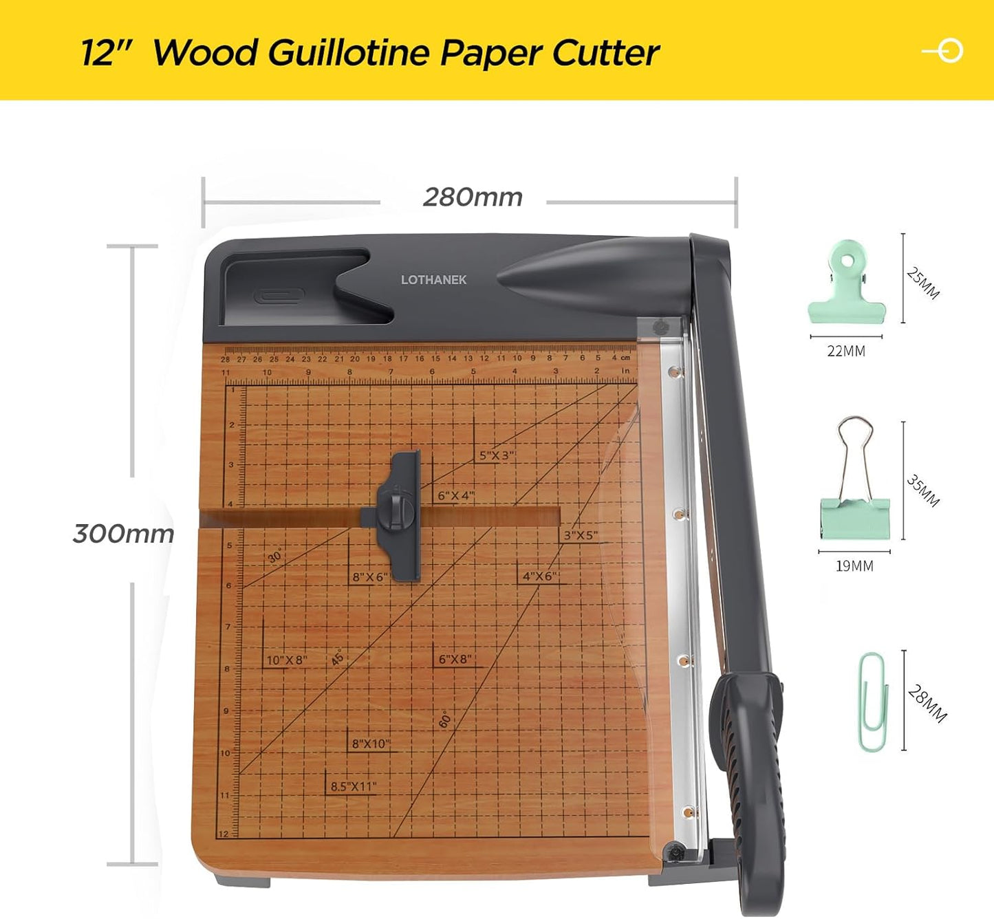 12'' Wood Guillotine Paper Cutter, Heavy Duty Wood Base Paper Trimmer with 32 Sheets Capacity Paper Cutting Board for Classroom, Crafting, Cardstock, Art Projects