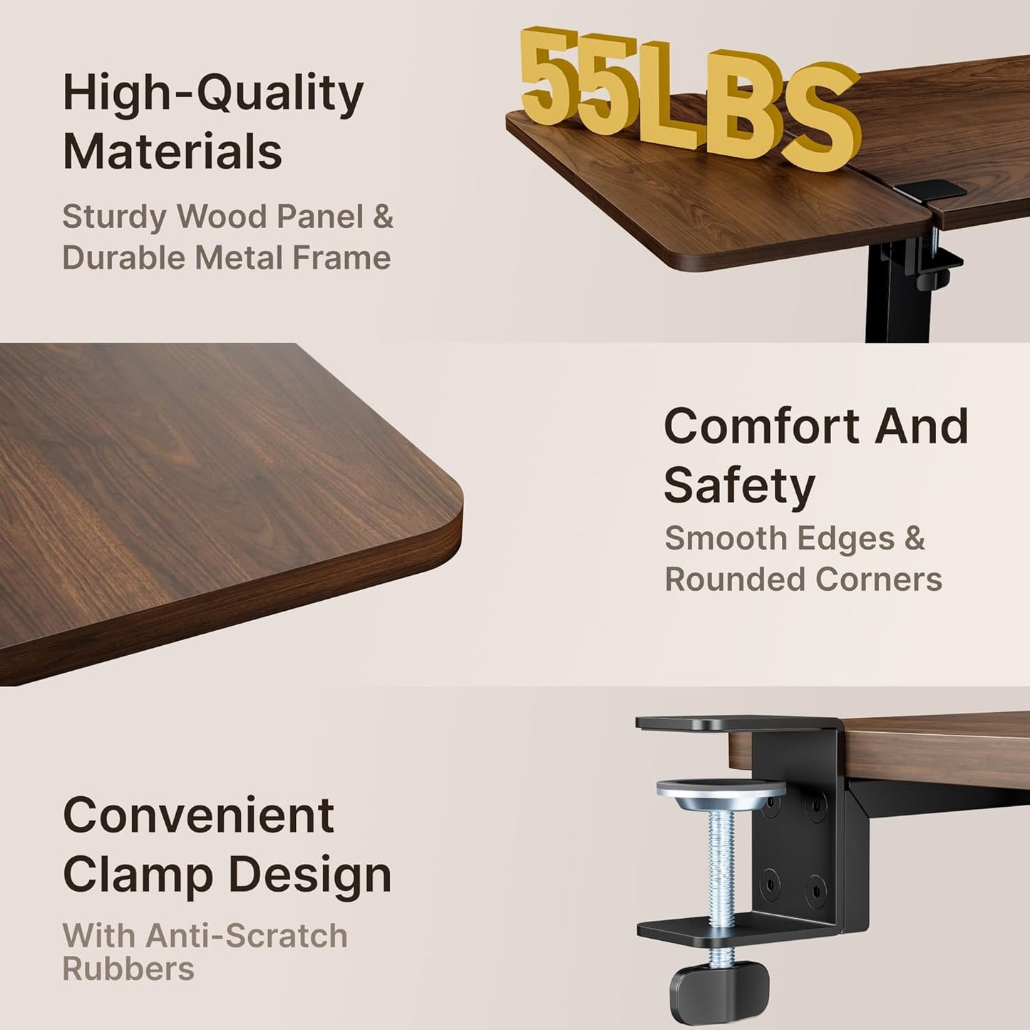 Desk Extender Tray, 24" x 12" Clamp On Desk Shelf, Desk Extension with Storage Drawer, Table Desk Arm Rest, Clamp On Keyboard Tray for Office and Home, Workstation Organizer, Medium, Walnut