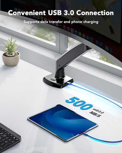 HUANUO Single Monitor Arm for 40 inch Screens, Ultrawide Computer Monitor Mount Holds 26.48 lbs, Upgraded Adjustable Stand with USB, C-Clamp & Grommet Base, VESA 75x75 or 100x100mm