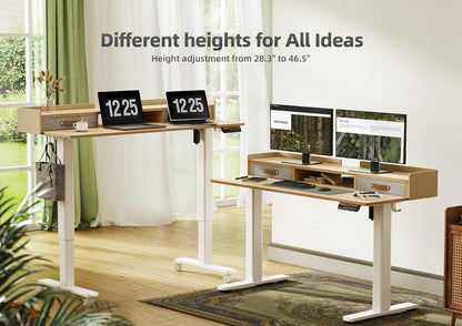 YDN Standing Desk with Drawers, 48 Inch Standing Desk Adjustable Height, Adjustable Electric Stand Up with Storage and Shelf, Natural