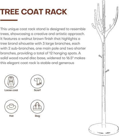Wood Coat Rack, Coat Tree Freestanding Wooden Coat Rack Stand with 12 Hooks, Heavy Duty Hall Tree Coat Hat Stand with Sturdy Base, Free Standing Coat Racks for Entryway, Bedroom, Brown